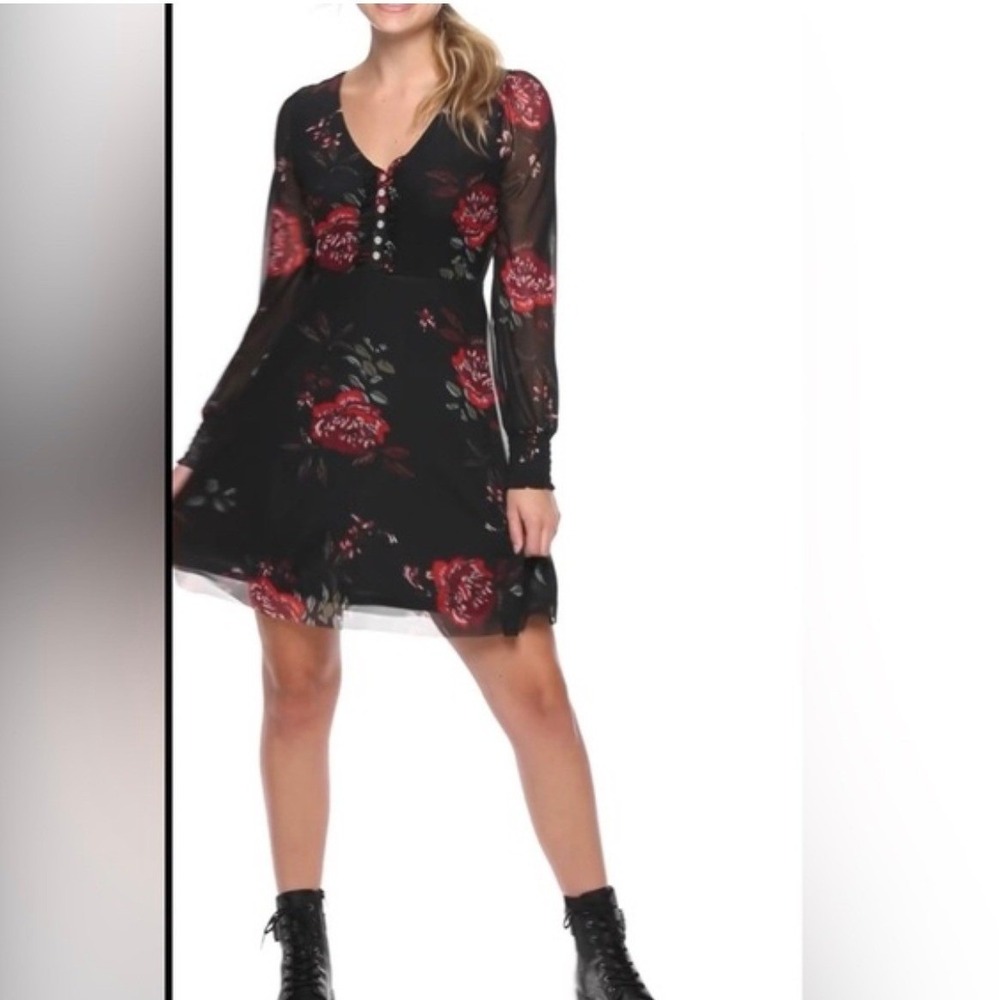 American Rag Floral Print Long‎ Sleeve Mini Dress XL Black Red, Whimsigoth, Y2K